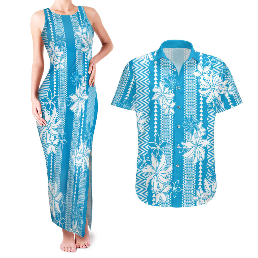 Hawaii Kakau Tribal Couples Matching Tank Maxi Dress and Hawaiian Shirt With Blue Tiare LT05 Blue - Polynesian Pride