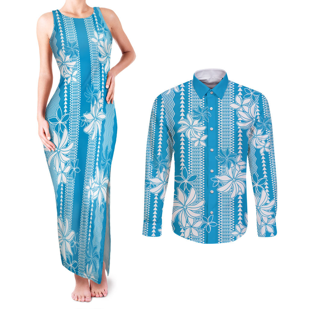 Hawaii Kakau Tribal Couples Matching Tank Maxi Dress and Long Sleeve Button Shirt With Blue Tiare LT05 Blue - Polynesian Pride