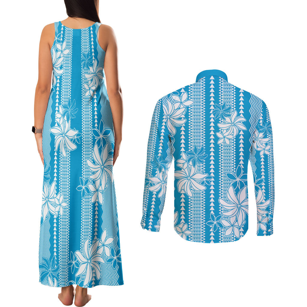 Hawaii Kakau Tribal Couples Matching Tank Maxi Dress and Long Sleeve Button Shirt With Blue Tiare LT05 - Polynesian Pride