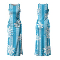 Hawaii Kakau Tribal Couples Matching Tank Maxi Dress and Long Sleeve Button Shirt With Blue Tiare LT05 - Polynesian Pride