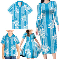 Hawaii Kakau Tribal Family Matching Long Sleeve Bodycon Dress and Hawaiian Shirt With Blue Tiare LT05 - Polynesian Pride
