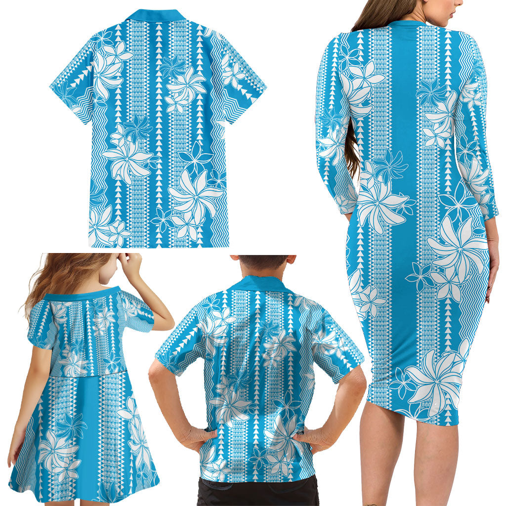 Hawaii Kakau Tribal Family Matching Long Sleeve Bodycon Dress and Hawaiian Shirt With Blue Tiare LT05 - Polynesian Pride