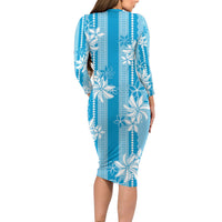 Hawaii Kakau Tribal Family Matching Long Sleeve Bodycon Dress and Hawaiian Shirt With Blue Tiare LT05 - Polynesian Pride