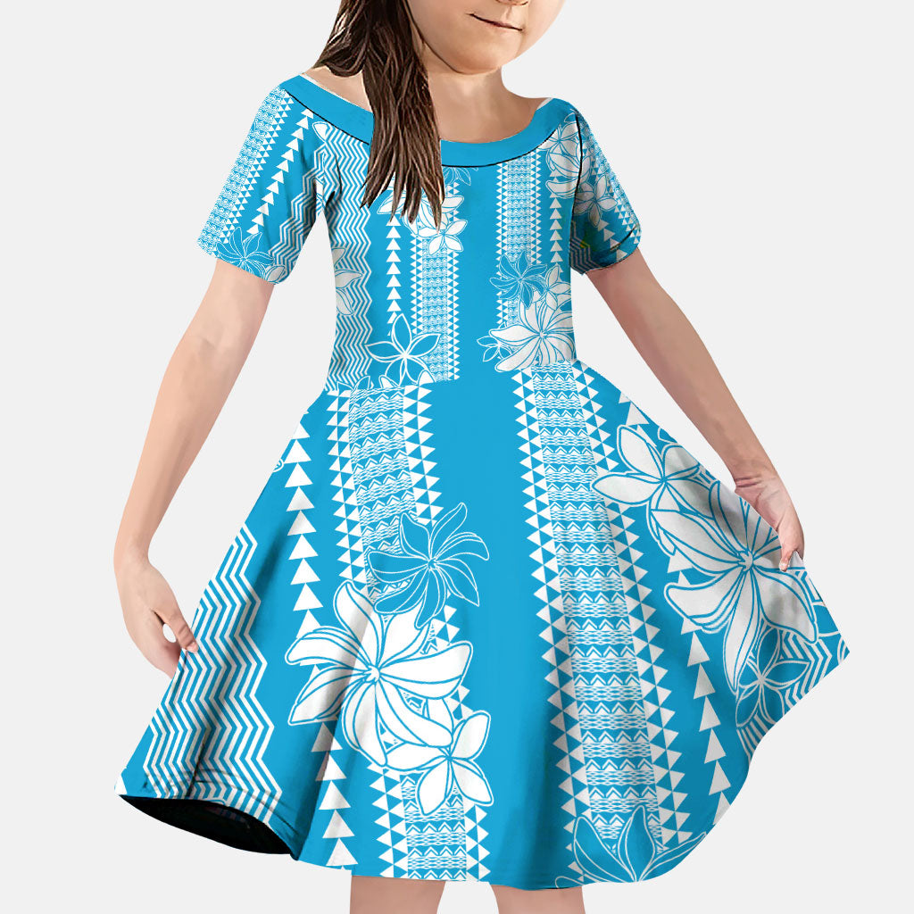 Hawaii Kakau Tribal Family Matching Mermaid Dress and Hawaiian Shirt With Blue Tiare LT05 Daughter's Dress Blue - Polynesian Pride