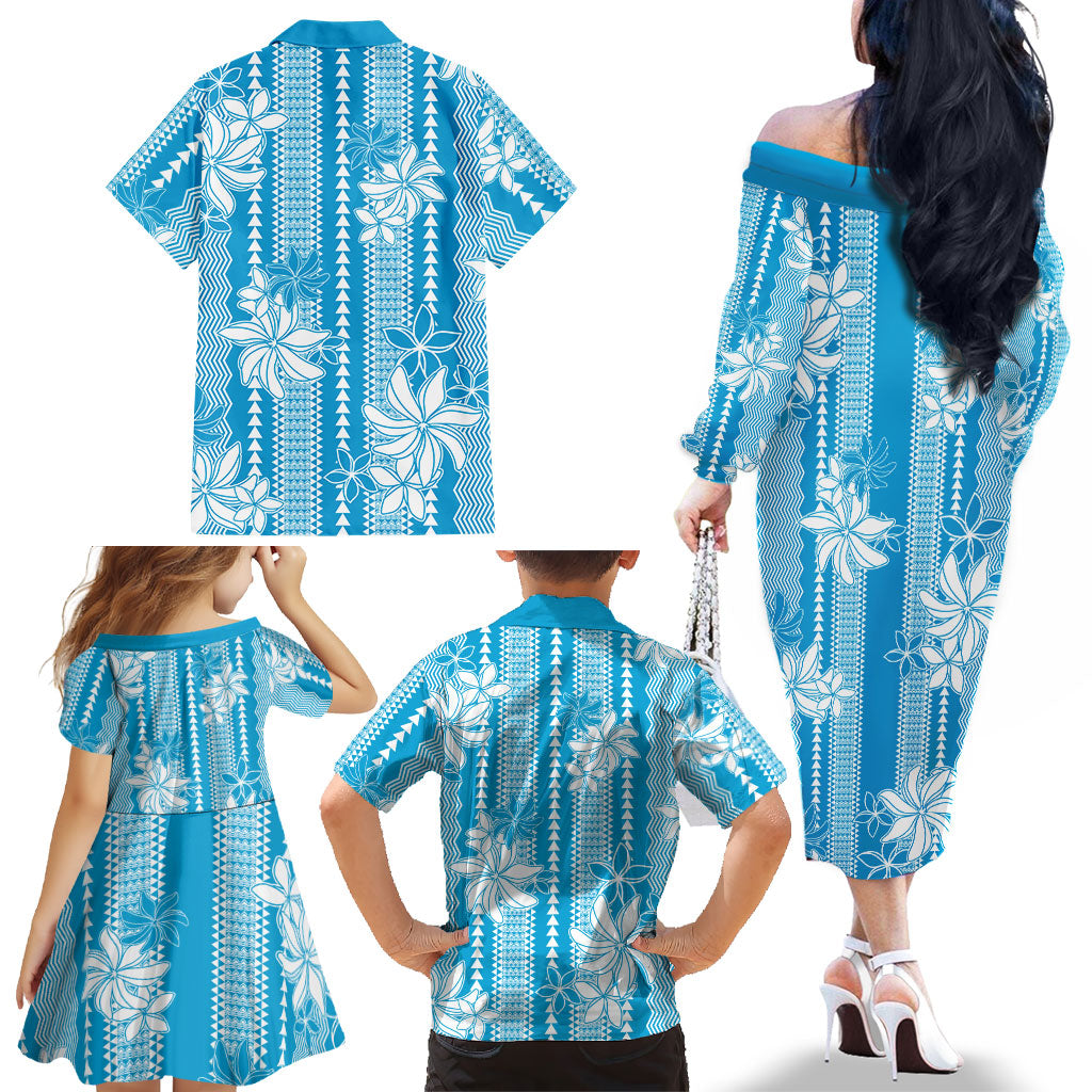 Hawaii Kakau Tribal Family Matching Off The Shoulder Long Sleeve Dress and Hawaiian Shirt With Blue Tiare LT05 - Polynesian Pride