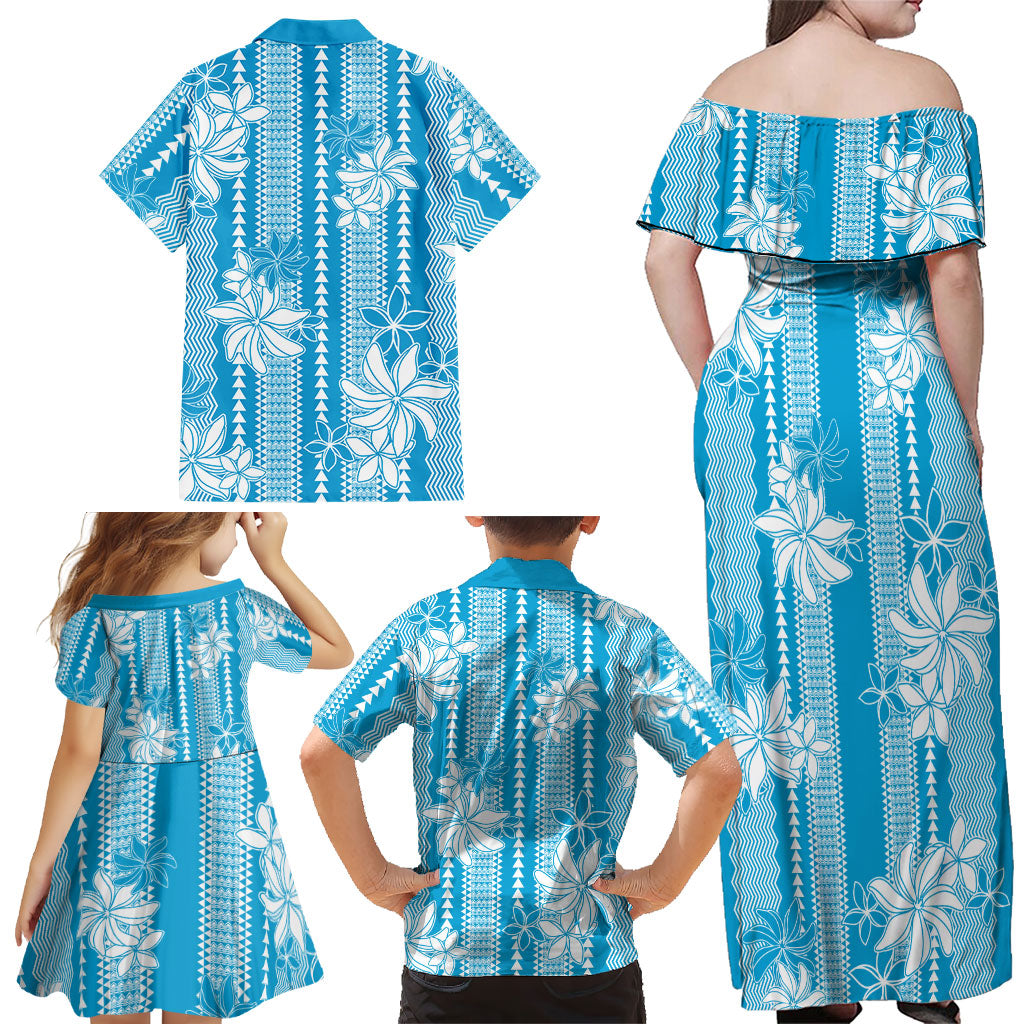 Hawaii Kakau Tribal Family Matching Off Shoulder Maxi Dress and Hawaiian Shirt With Blue Tiare LT05 - Polynesian Pride