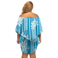 Hawaii Kakau Tribal Family Matching Off Shoulder Short Dress and Hawaiian Shirt With Blue Tiare LT05 - Polynesian Pride