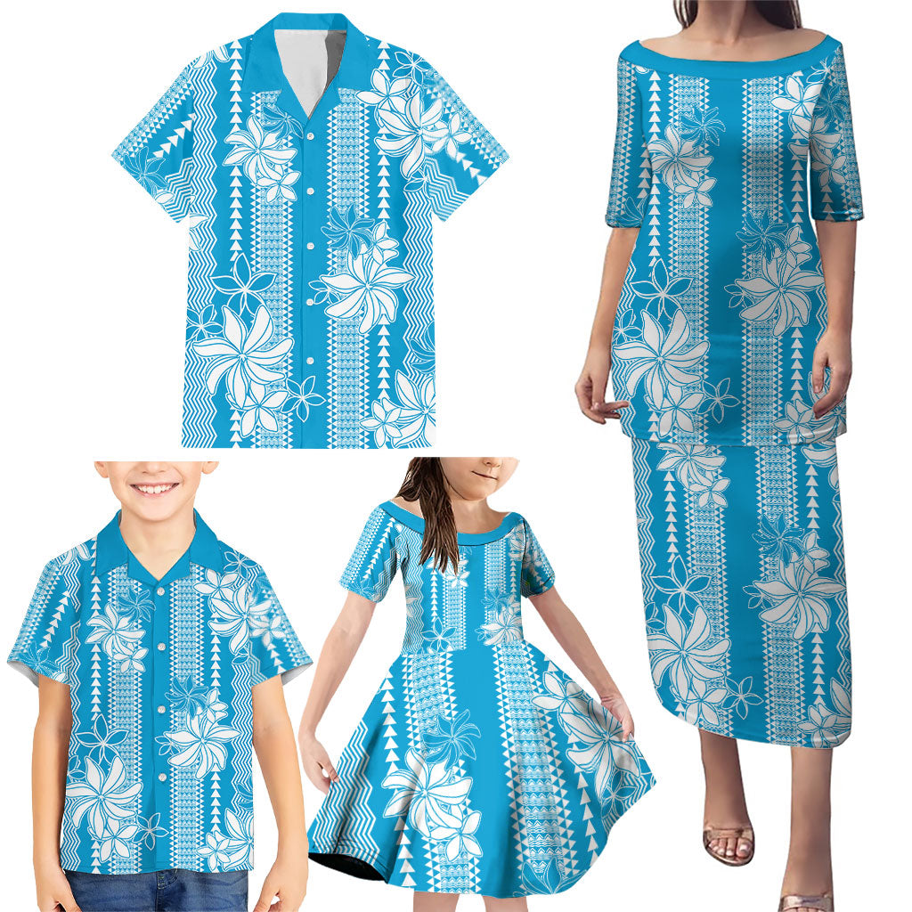 Hawaii Kakau Tribal Family Matching Puletasi and Hawaiian Shirt With Blue Tiare LT05 - Polynesian Pride