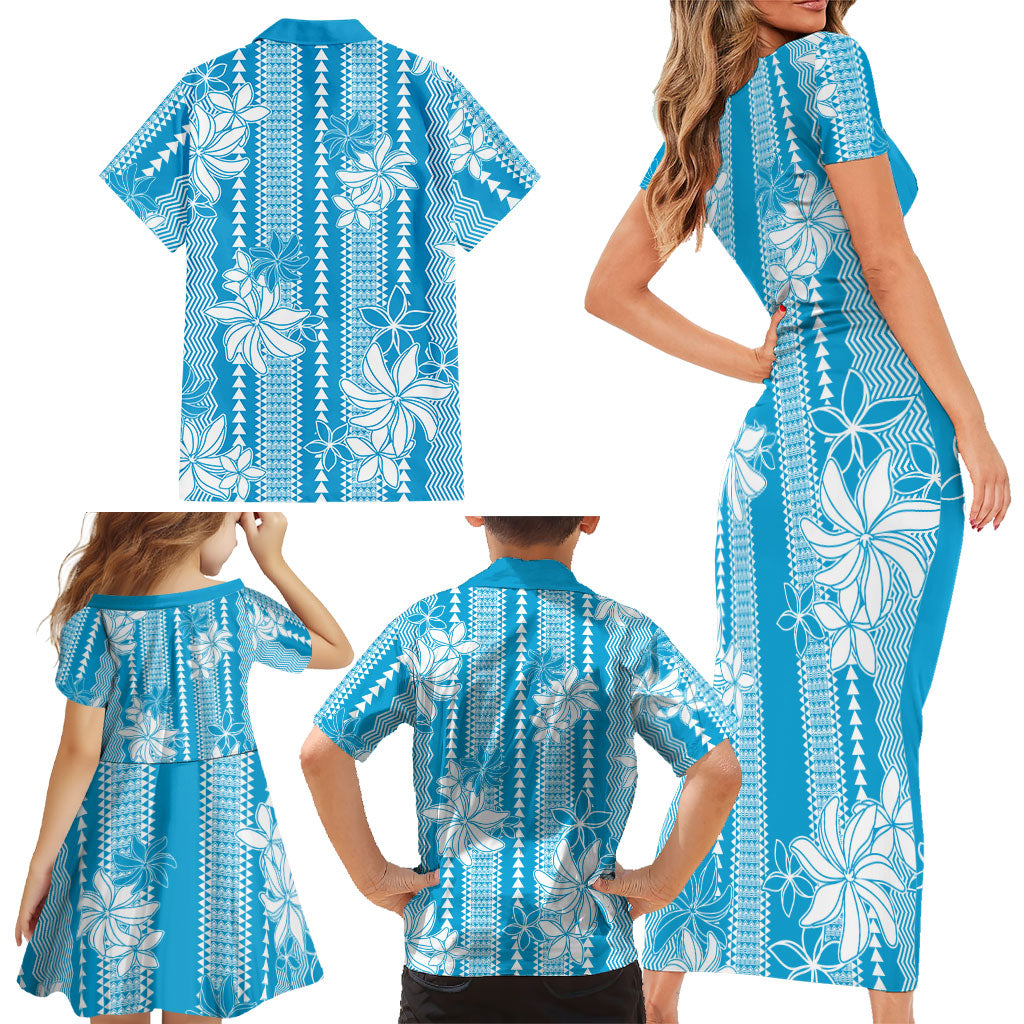 Hawaii Kakau Tribal Family Matching Short Sleeve Bodycon Dress and Hawaiian Shirt With Blue Tiare LT05 - Polynesian Pride