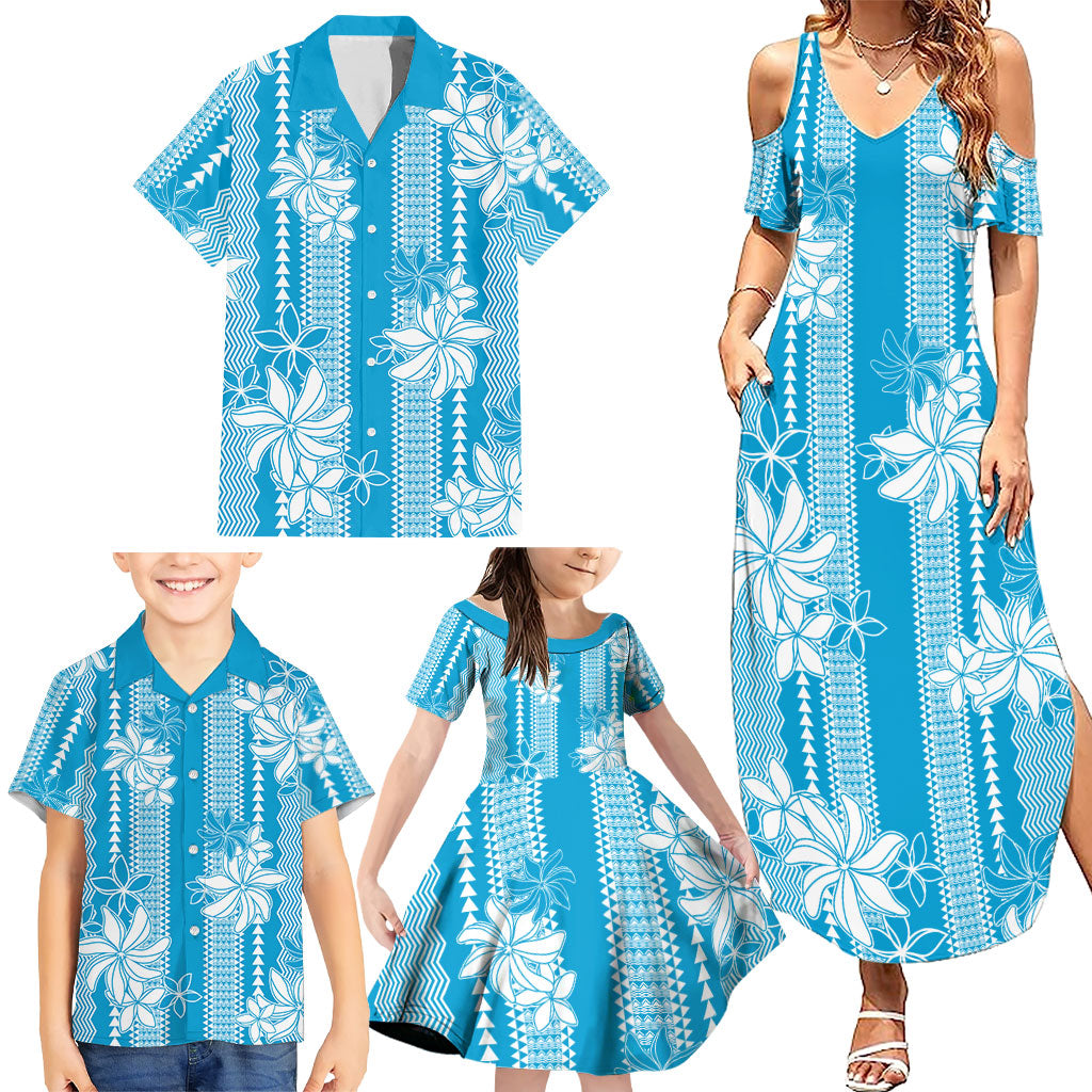 Hawaii Kakau Tribal Family Matching Summer Maxi Dress and Hawaiian Shirt With Blue Tiare