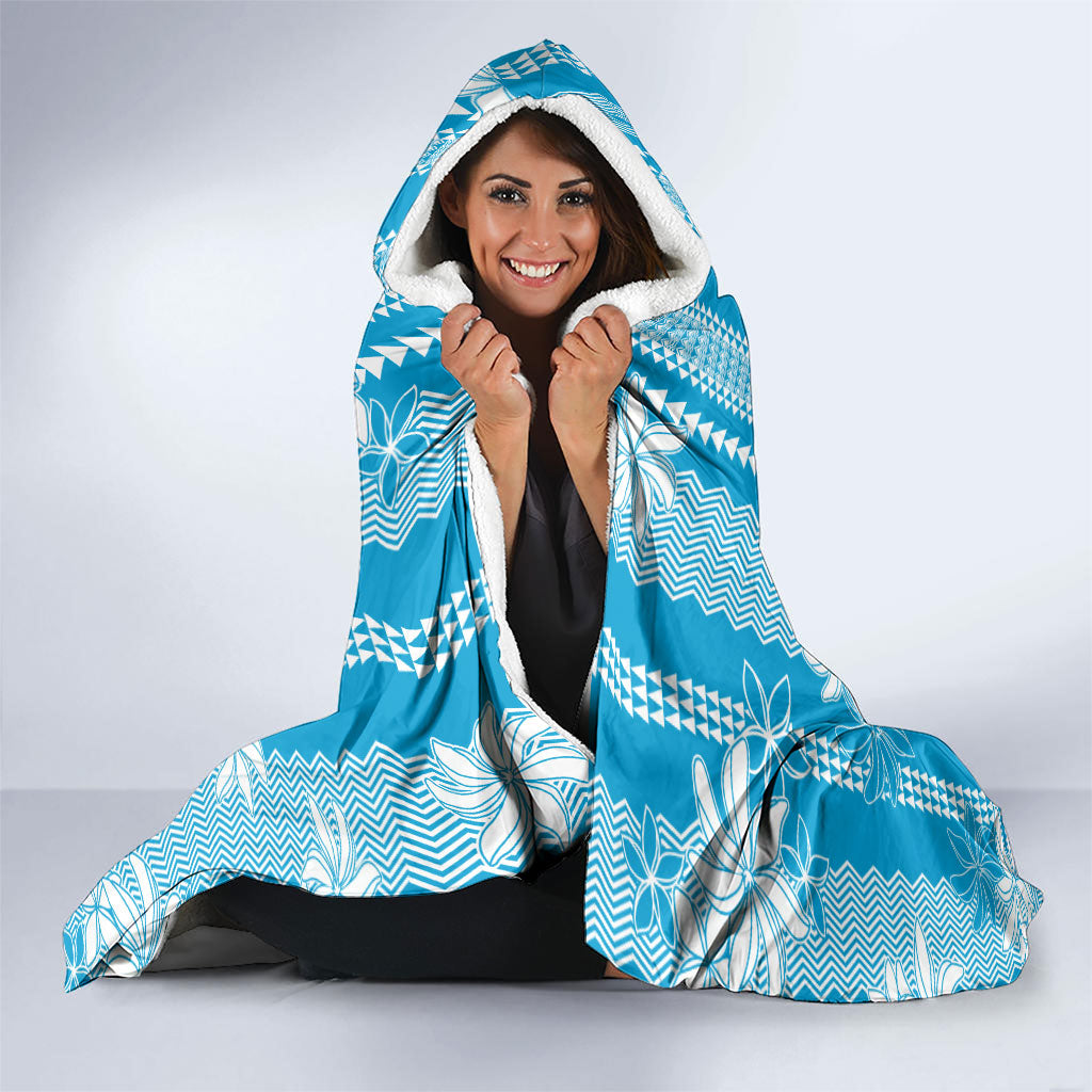 Hawaii Kakau Tribal Hooded Blanket With Blue Tiare LT05 - Polynesian Pride