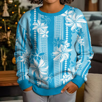 Hawaii Kakau Tribal Kid Ugly Christmas Sweater With Blue Tiare LT05 - Polynesian Pride
