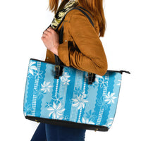 Hawaii Kakau Tribal Leather Tote Bag With Blue Tiare