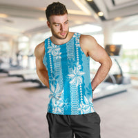 Hawaii Kakau Tribal Men Tank Top With Blue Tiare LT05 Blue - Polynesian Pride