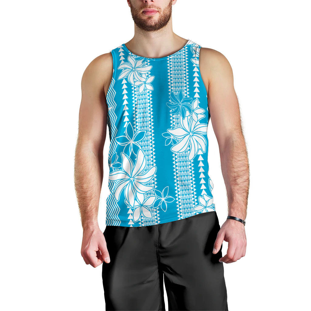 Hawaii Kakau Tribal Men Tank Top With Blue Tiare LT05 - Polynesian Pride
