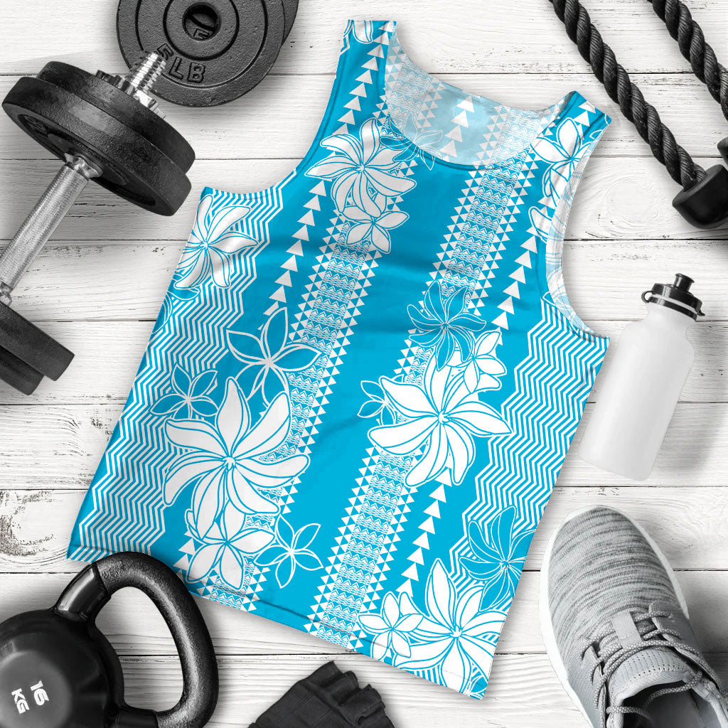 Hawaii Kakau Tribal Men Tank Top With Blue Tiare LT05 - Polynesian Pride