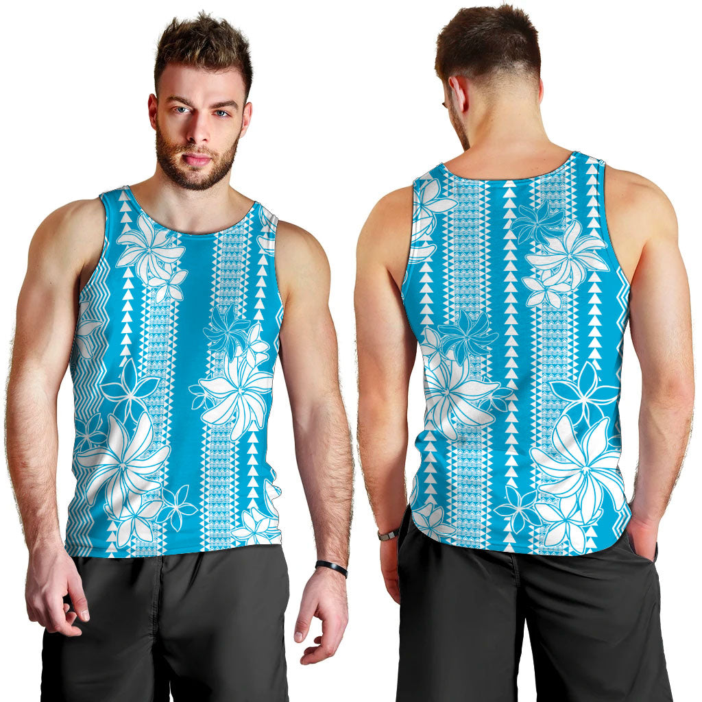 Hawaii Kakau Tribal Men Tank Top With Blue Tiare LT05 - Polynesian Pride