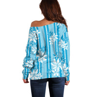 Hawaii Kakau Tribal Off Shoulder Sweater With Blue Tiare