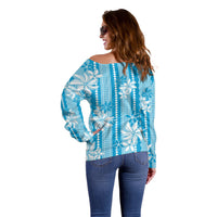 Hawaii Kakau Tribal Off Shoulder Sweater With Blue Tiare