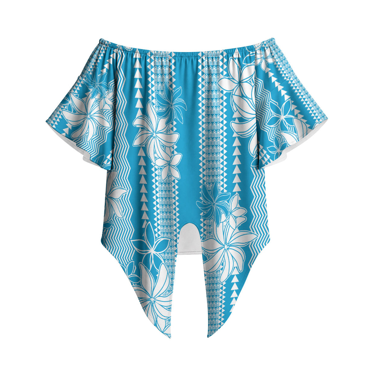 Hawaii Kakau Tribal Off Shoulder Wrap Waist Top With Blue Tiare LT05 Blue - Polynesian Pride