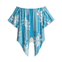 Hawaii Kakau Tribal Off Shoulder Wrap Waist Top With Blue Tiare LT05 Blue - Polynesian Pride