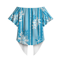 Hawaii Kakau Tribal Off Shoulder Wrap Waist Top With Blue Tiare LT05 - Polynesian Pride