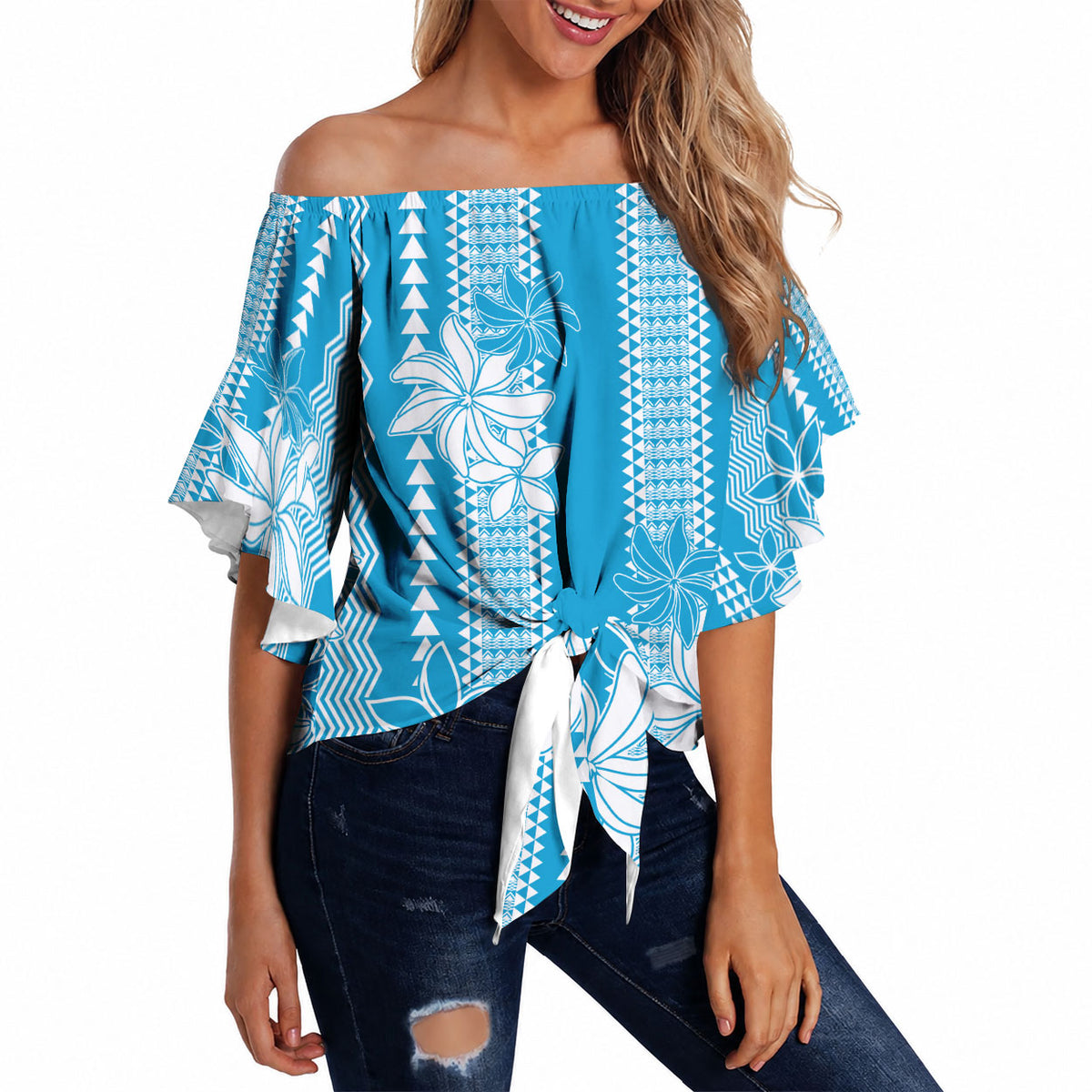 Hawaii Kakau Tribal Off Shoulder Wrap Waist Top With Blue Tiare LT05 - Polynesian Pride