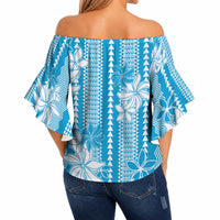 Hawaii Kakau Tribal Off Shoulder Wrap Waist Top With Blue Tiare LT05 - Polynesian Pride