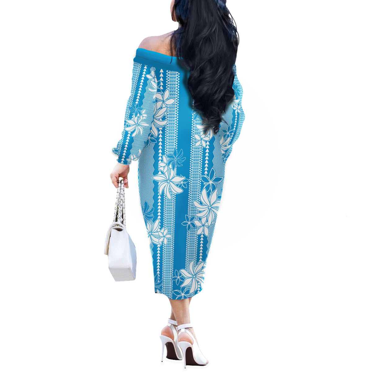 Hawaii Kakau Tribal Off The Shoulder Long Sleeve Dress With Blue Tiare LT05 - Polynesian Pride
