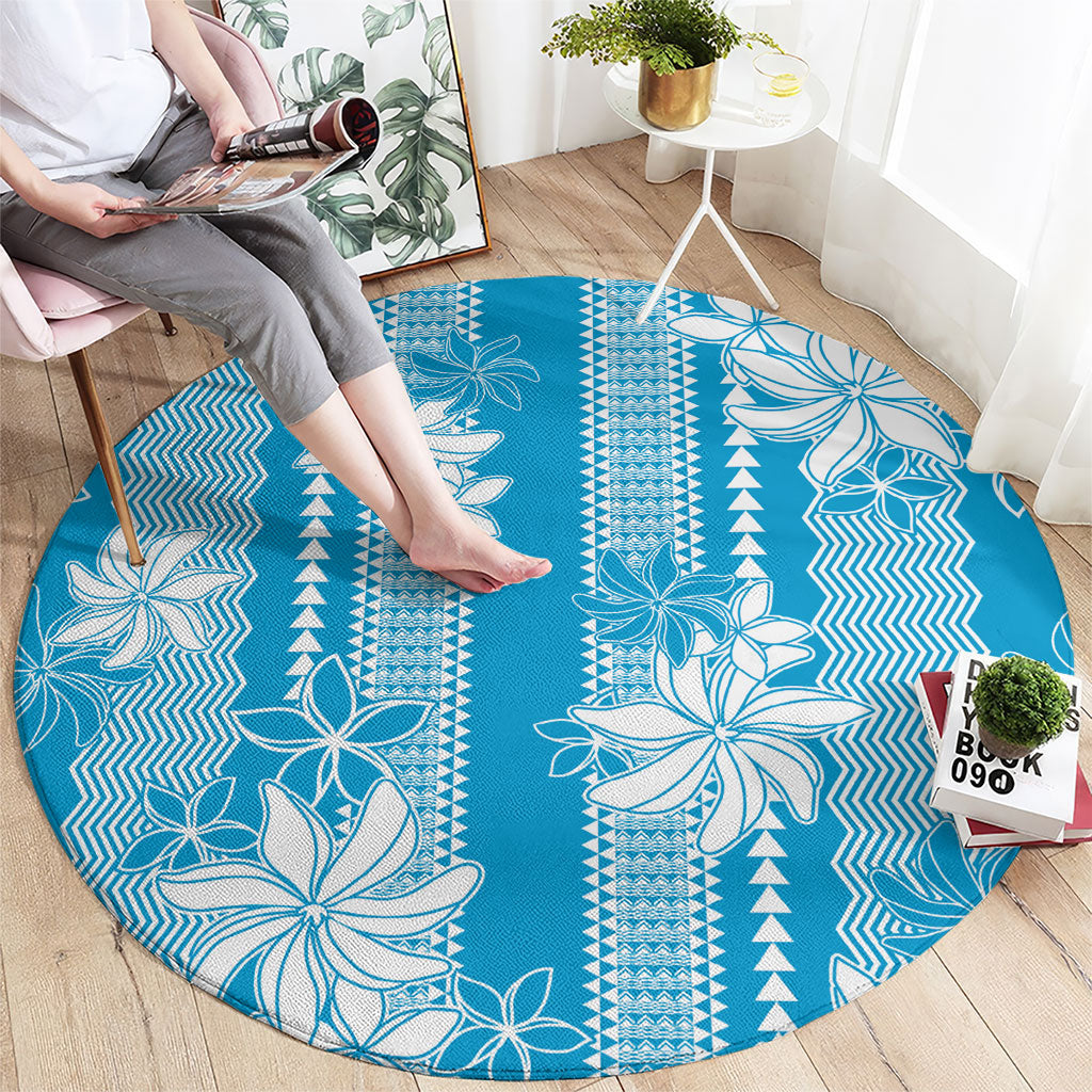 Hawaii Kakau Tribal Round Carpet With Blue Tiare