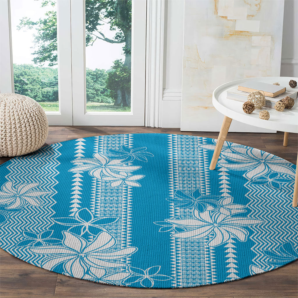 Hawaii Kakau Tribal Round Carpet With Blue Tiare