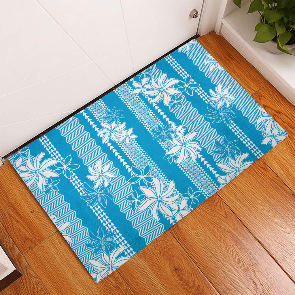 Hawaii Kakau Tribal Rubber Doormat With Blue Tiare LT05 - Polynesian Pride