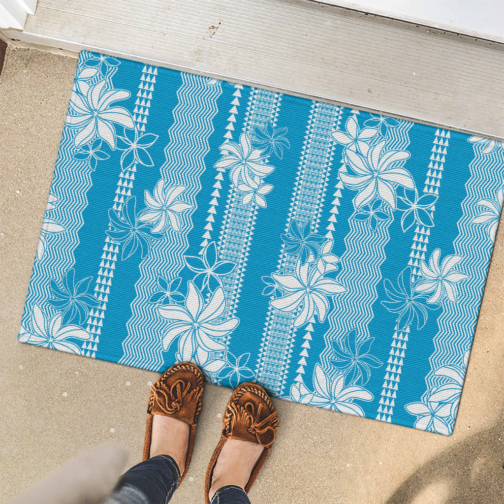 Hawaii Kakau Tribal Rubber Doormat With Blue Tiare LT05 - Polynesian Pride