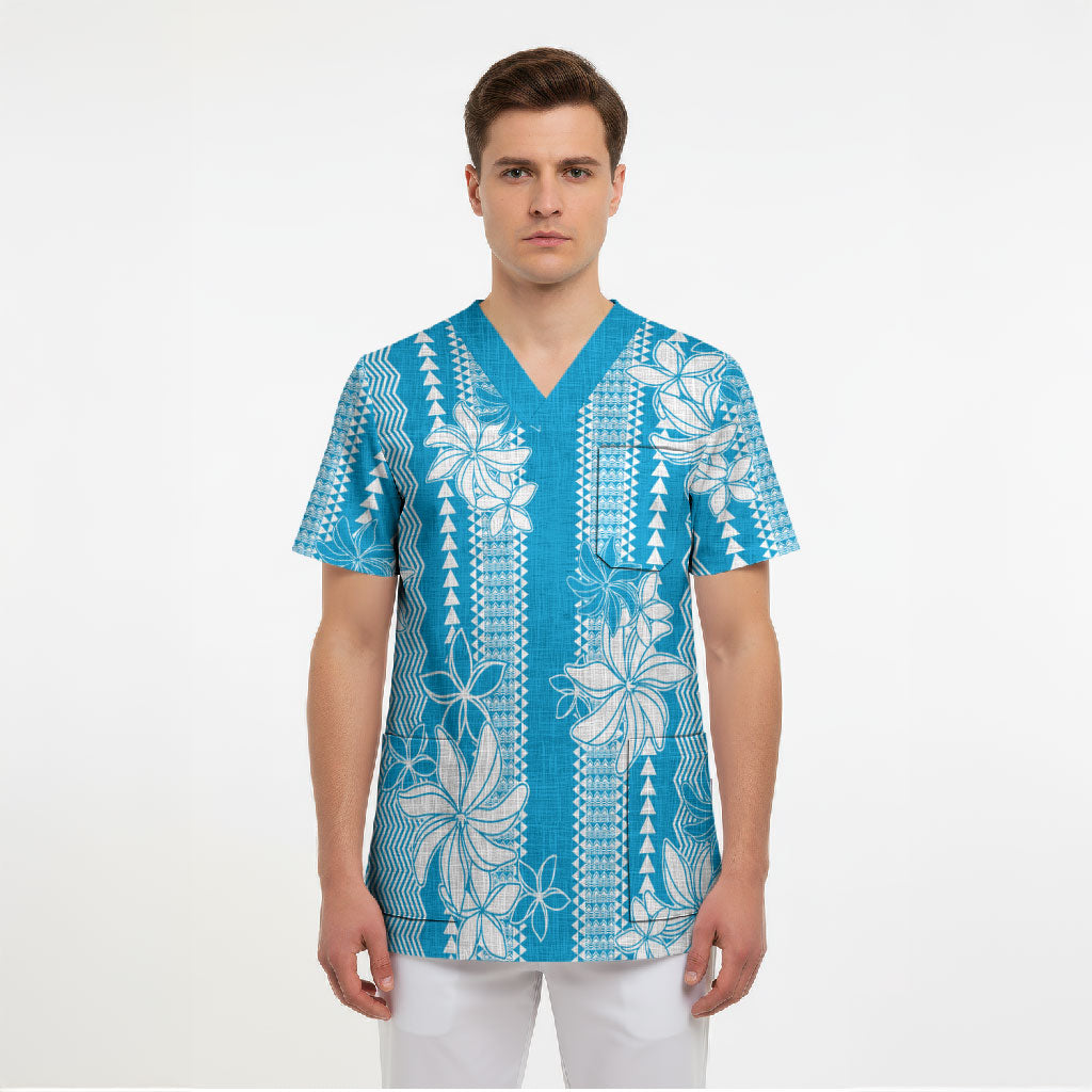 Hawaii Kakau Tribal Scrub Top With Blue Tiare