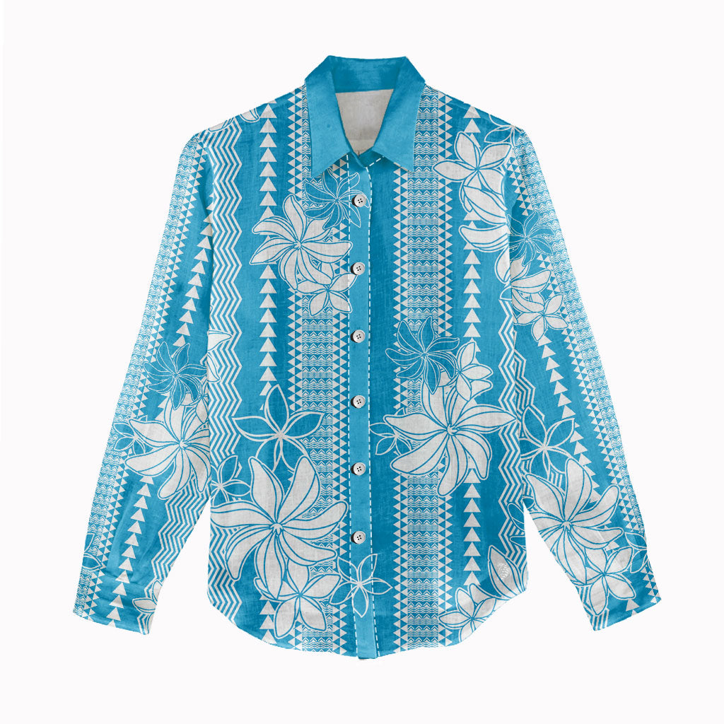 Hawaii Kakau Tribal Women Casual Shirt With Blue Tiare