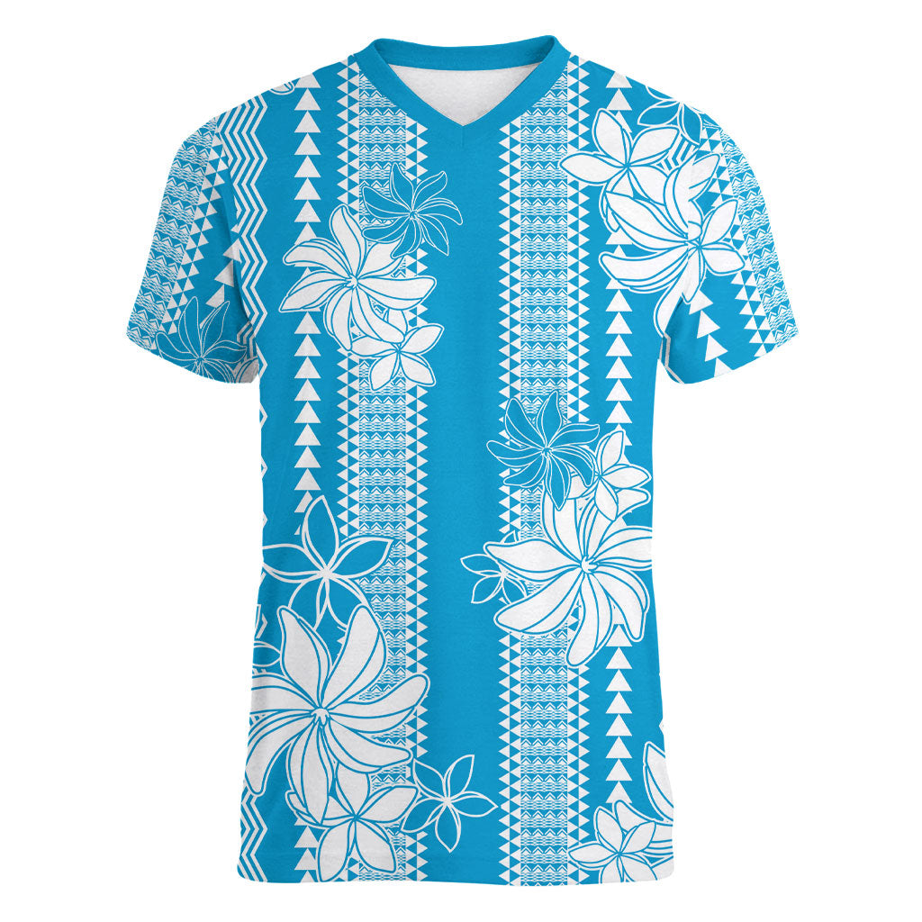 Hawaii Kakau Tribal Women V-Neck T-Shirt With Blue Tiare