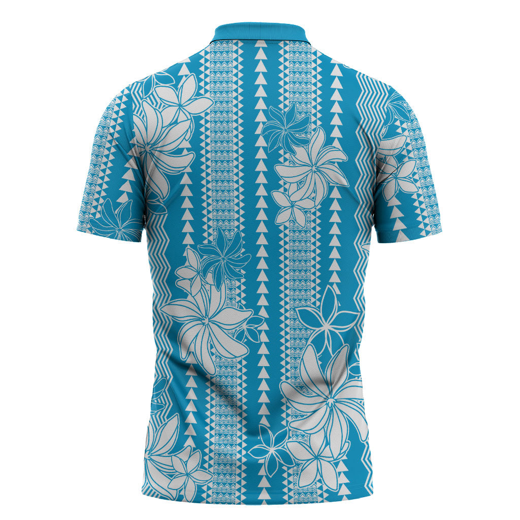 Hawaii Kakau Tribal Zipper Polo Shirt With Blue Tiare