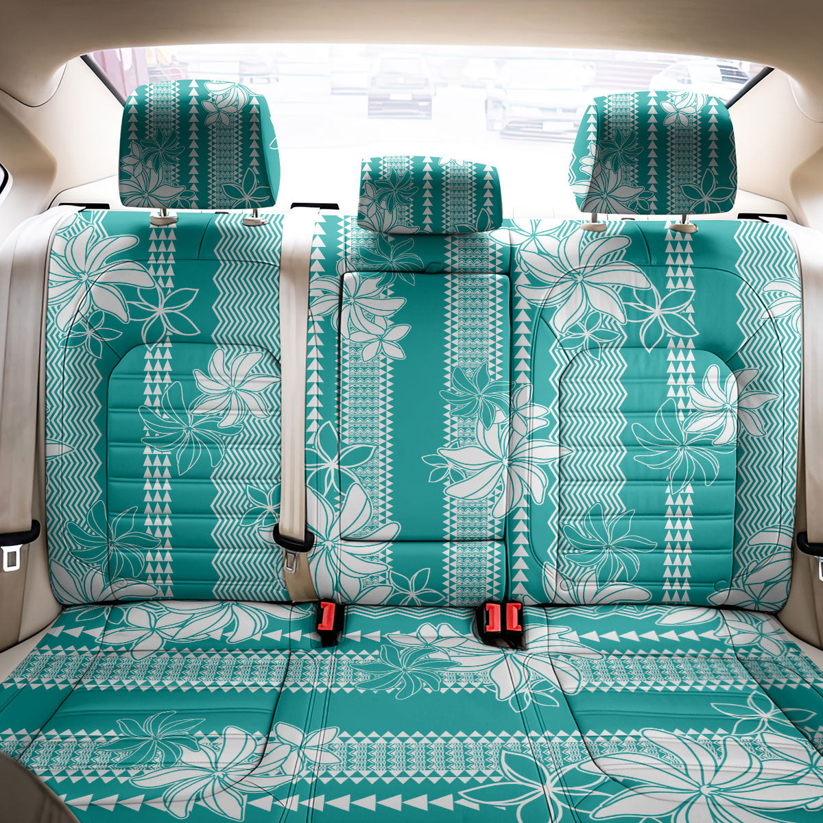 Hawaii Kakau Tribal Back Car Seat Cover With Teal Tiare