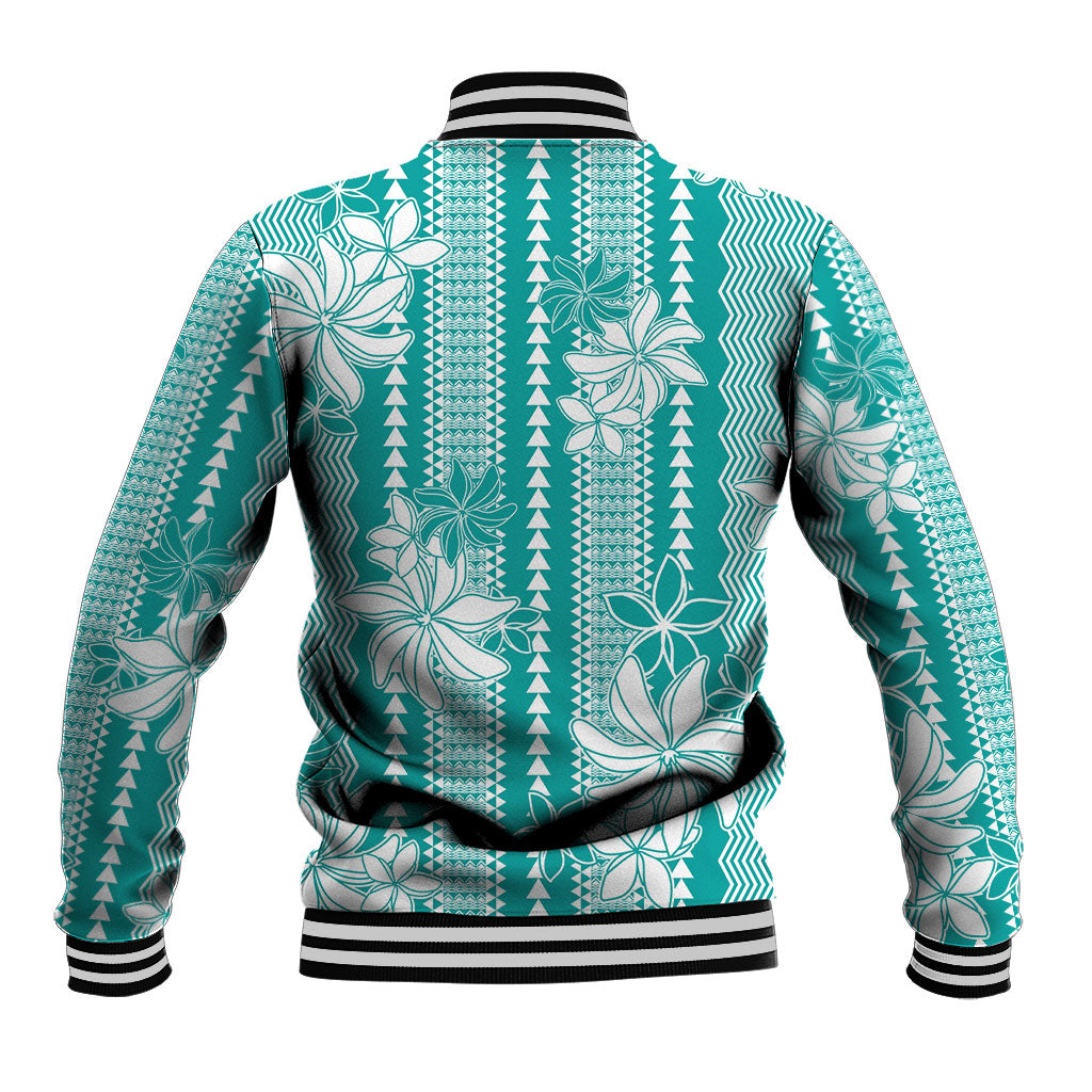 Hawaii Kakau Tribal Baseball Jacket With Teal Tiare