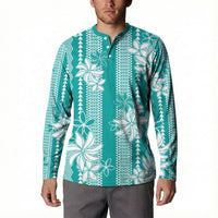 Hawaii Kakau Tribal Button Sweatshirt With Teal Tiare