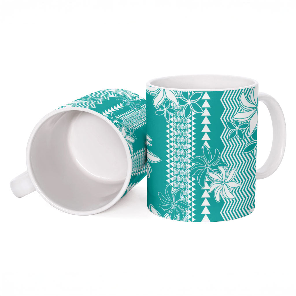 Hawaii Kakau Tribal Ceramic Mug With Teal Tiare
