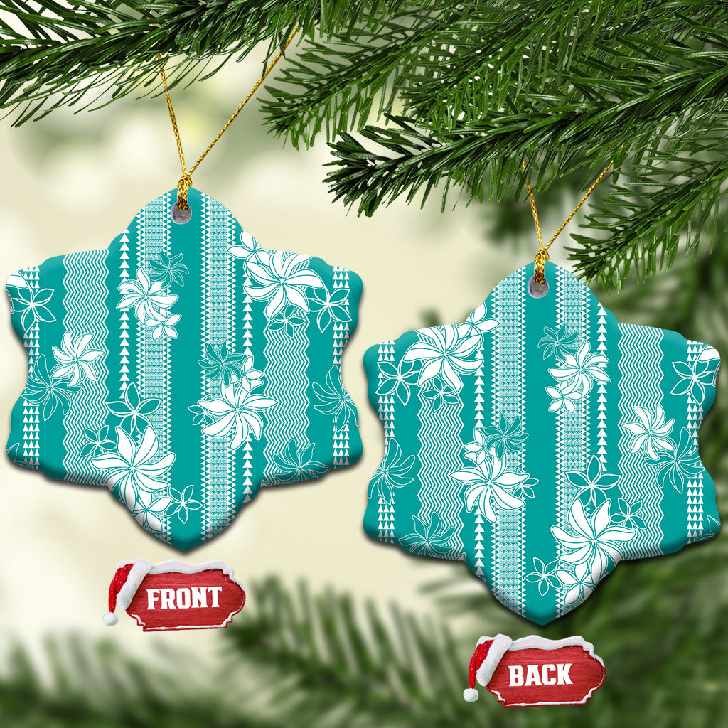 Hawaii Kakau Tribal Ceramic Ornament With Teal Tiare