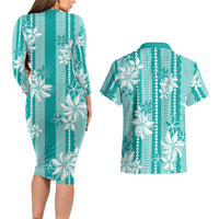 Hawaii Kakau Tribal Couples Matching Long Sleeve Bodycon Dress and Hawaiian Shirt With Teal Tiare LT05 - Polynesian Pride