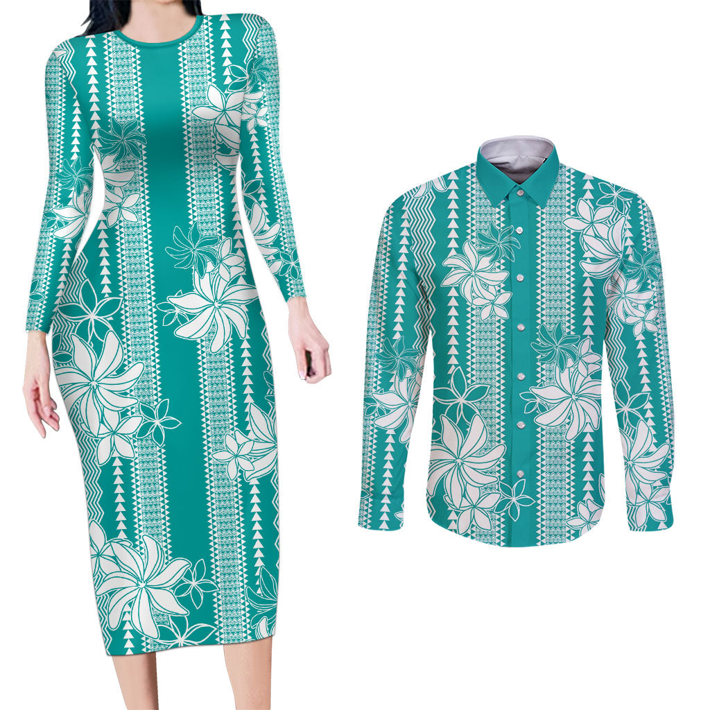 Hawaii Kakau Tribal Couples Matching Long Sleeve Bodycon Dress and Long Sleeve Button Shirt With Teal Tiare LT05 Teal - Polynesian Pride