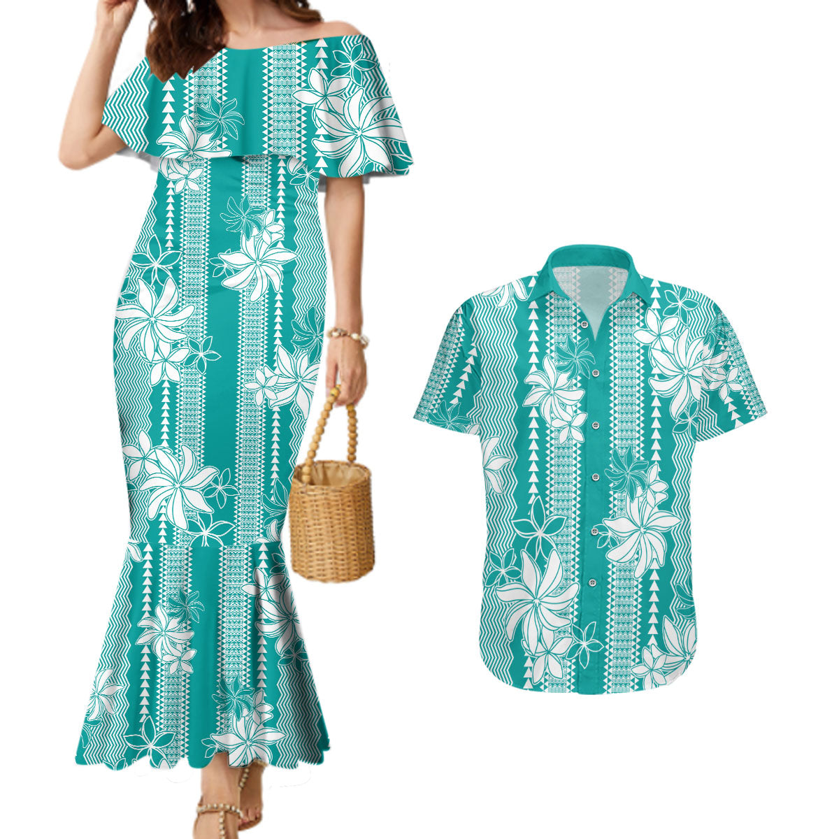 Hawaii Kakau Tribal Couples Matching Mermaid Dress and Hawaiian Shirt With Teal Tiare LT05 Teal - Polynesian Pride