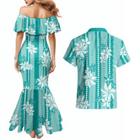Hawaii Kakau Tribal Couples Matching Mermaid Dress and Hawaiian Shirt With Teal Tiare LT05 - Polynesian Pride