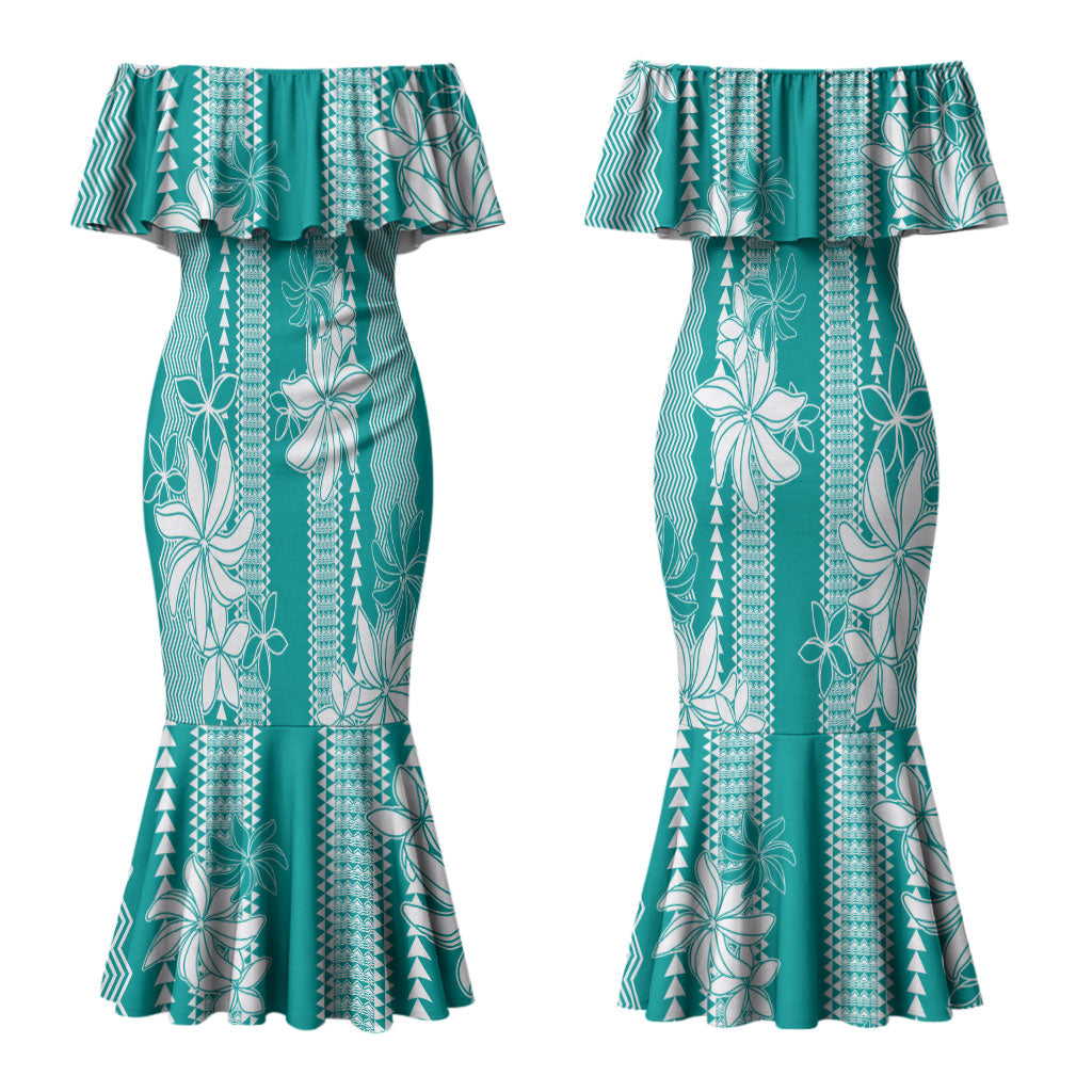 Hawaii Kakau Tribal Couples Matching Mermaid Dress and Hawaiian Shirt With Teal Tiare LT05 - Polynesian Pride