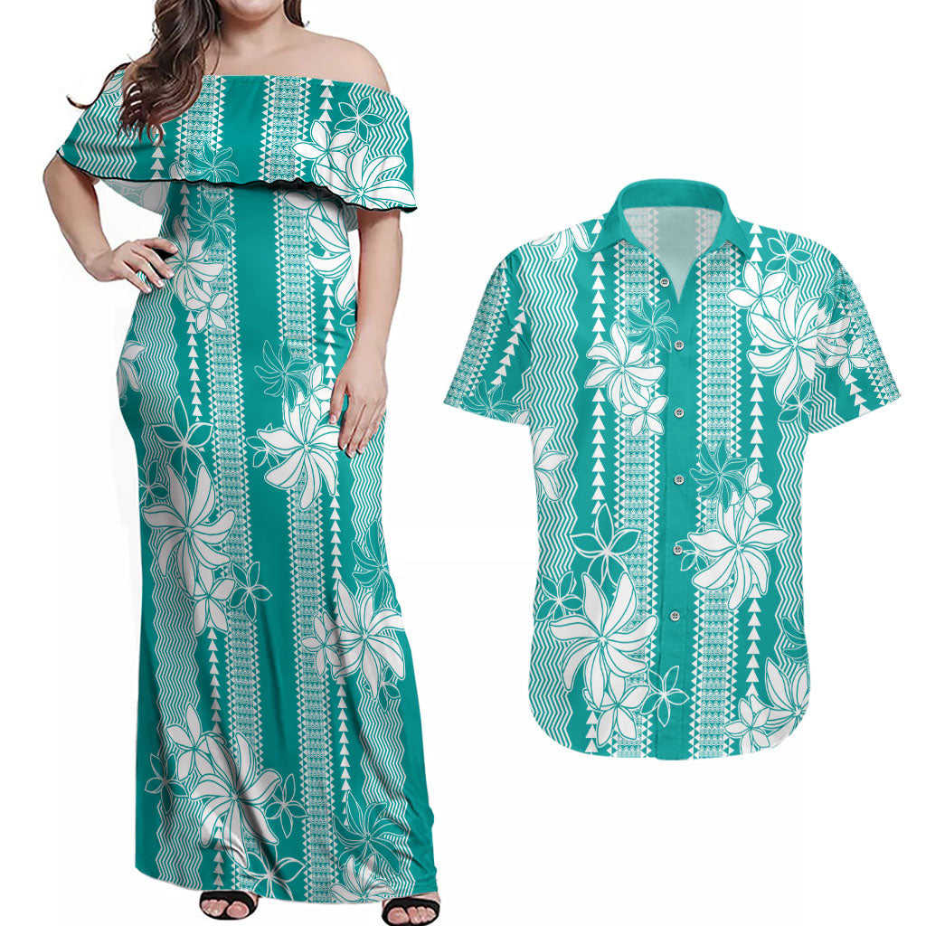 Hawaii Kakau Tribal Couples Matching Off Shoulder Maxi Dress and Hawaiian Shirt With Teal Tiare LT05 Teal - Polynesian Pride