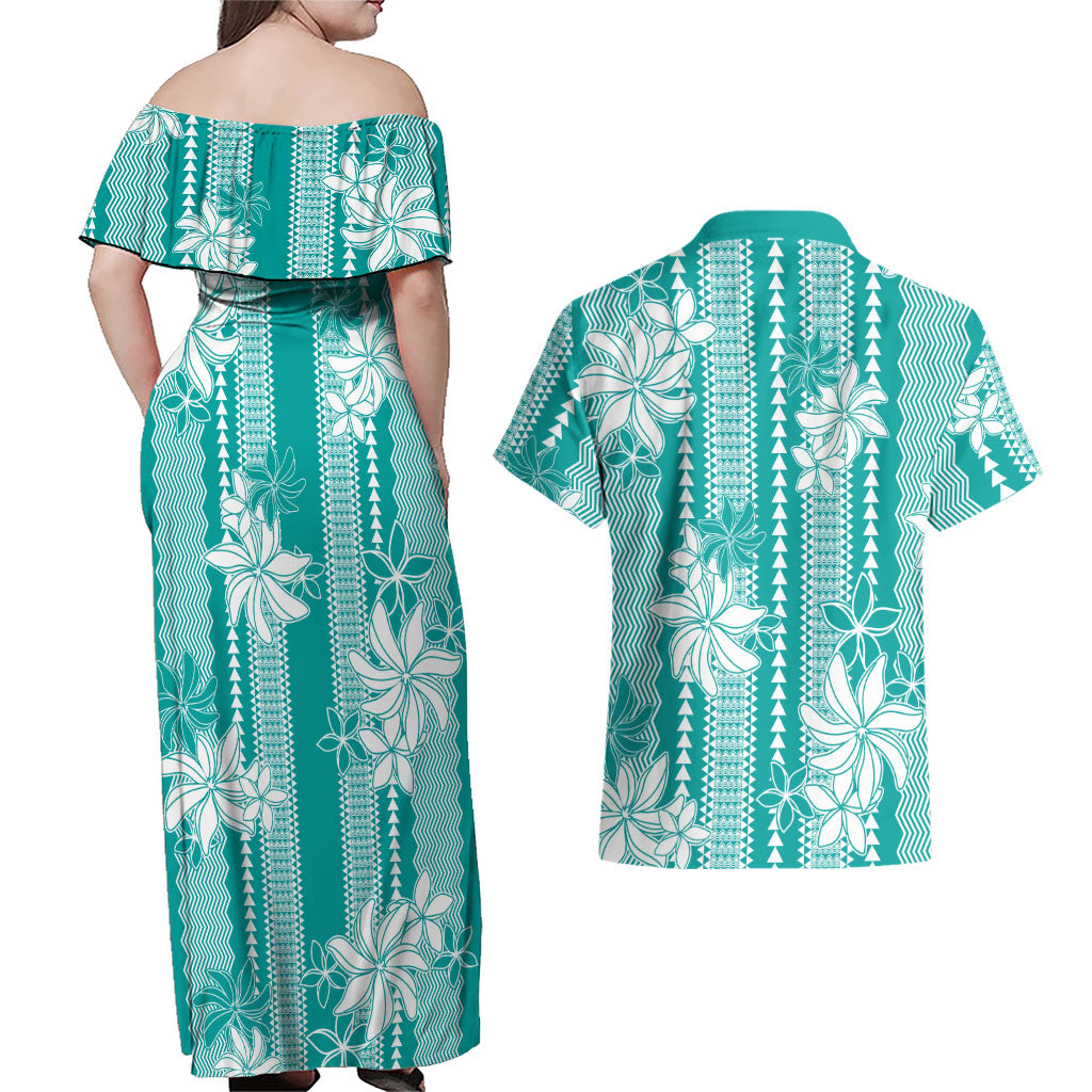 Hawaii Kakau Tribal Couples Matching Off Shoulder Maxi Dress and Hawaiian Shirt With Teal Tiare LT05 - Polynesian Pride