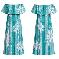Hawaii Kakau Tribal Couples Matching Off Shoulder Maxi Dress and Hawaiian Shirt With Teal Tiare LT05 - Polynesian Pride